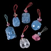 A group of six tourmaline and aquamarine pendants