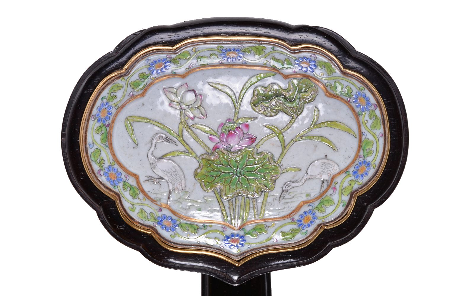 A Chinese famille-rose porcelain-inlaid hardwood ruyi sceptre - Image 2 of 5