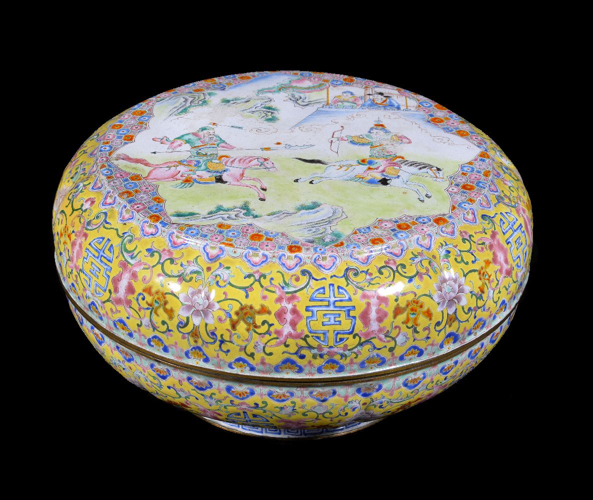 A large and rare Chinese 'Romance of the Three Kingdoms' canton enamel box and cover