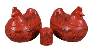 A large pair of Chinese cinnabar lacquer 'Hen' boxes and covers
