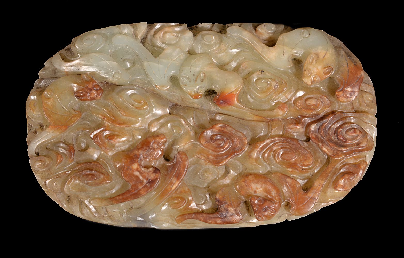 A Chinese celadon and russet jade ‘longevity’ belt plaque - Image 2 of 4