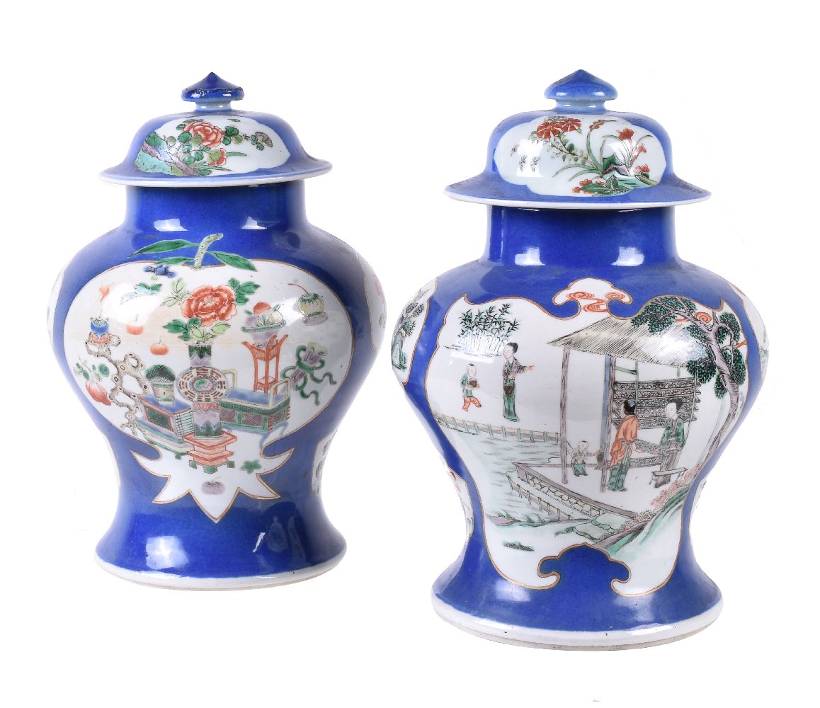 Two Chinese 'Famille Verte' powder-blue ground vases and covers - Image 2 of 5