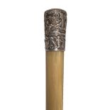 ϒ A Chinese rhinoceros horn silver-mounted walking cane