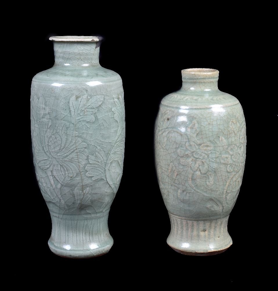 Two Chinese celadon-glazed Longquan-type vases