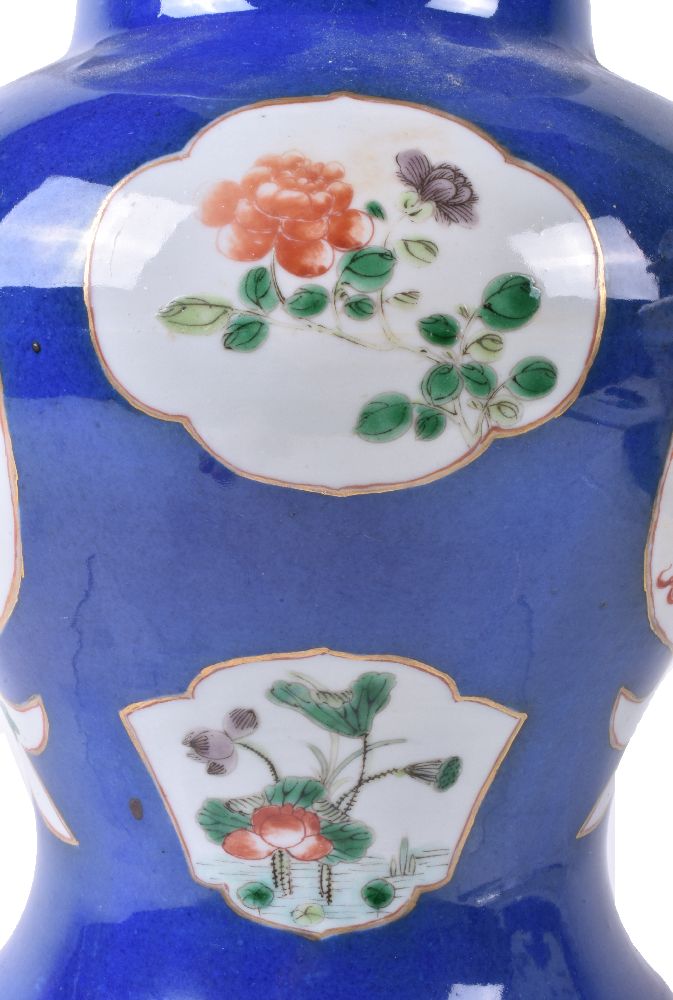 Two Chinese 'Famille Verte' powder-blue ground vases and covers - Image 4 of 5