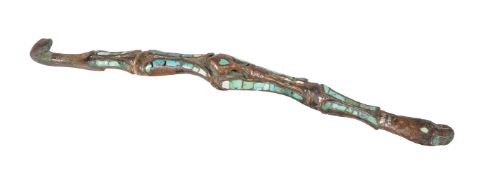 A Chinese gilt and turquoise inlaid bronze belt hook