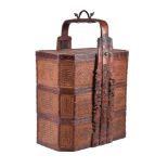 A large Chinese carved bamboo and rattan three-section picnic basket