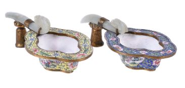 A pair of Chinese enamel jade and gilt-metal mounted cups