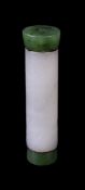 A Chinese inscribed white and spinach jade cylindrical pendant