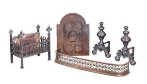 A group of cast and wrought metal fireplace furniture