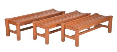 Three hardwood poolside benches