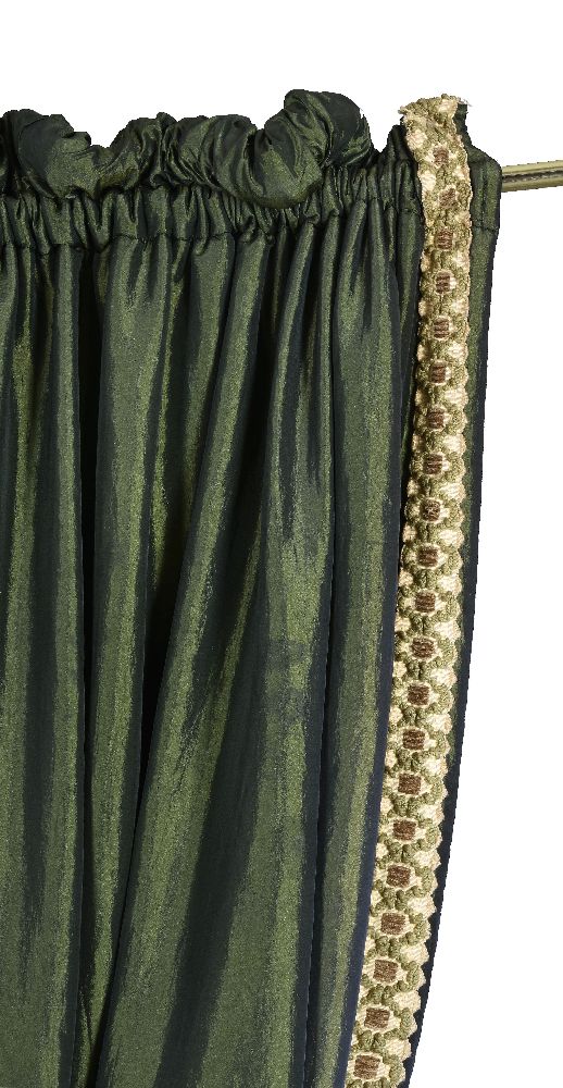 A pair of dark green satin and embroidery trimmed curtains - Image 2 of 2