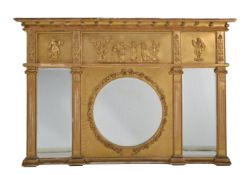 A giltwood and composition triptych over mantle mirror