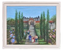 λ Margaret Loxton (British b. 1938)A crowd picking grapes at the gates of a chateau