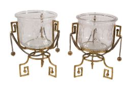 A pair of French etched glass bowls on gilt metal stands