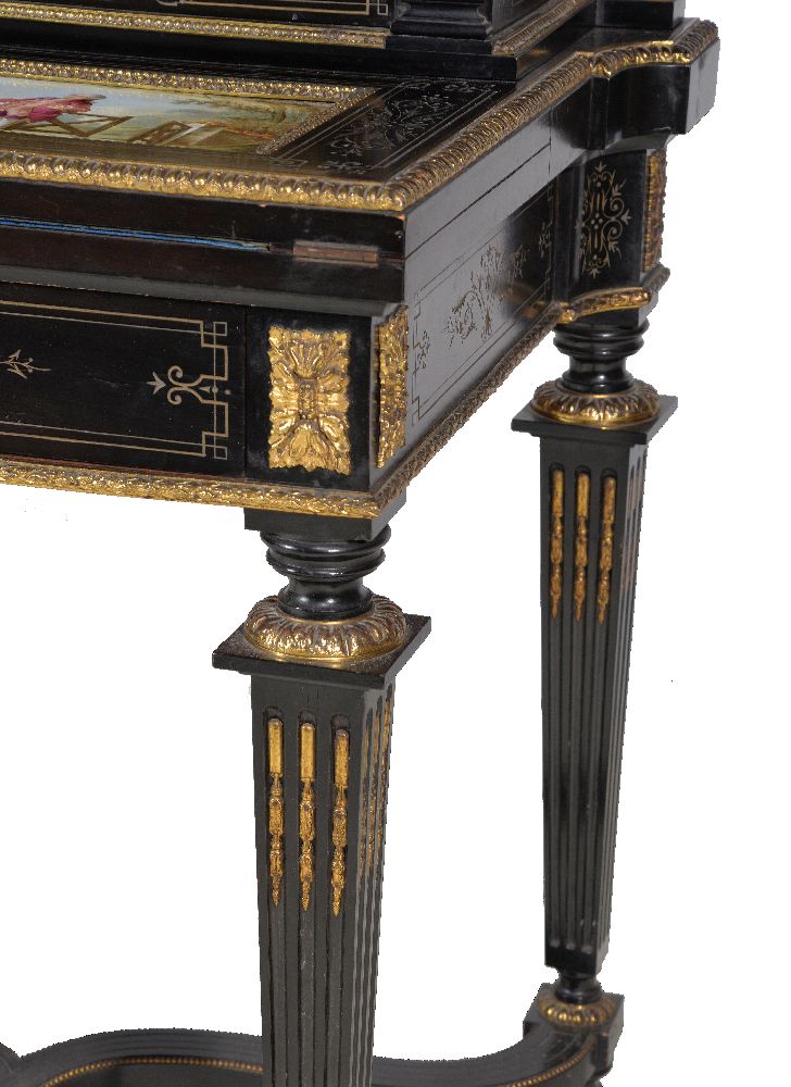 A French ebonised, gilt metal mounted and porcelain inset bonheur du jour - Image 5 of 6