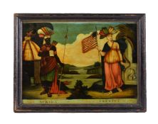 A pair of George III reverse painted glass allegorical mezzotints