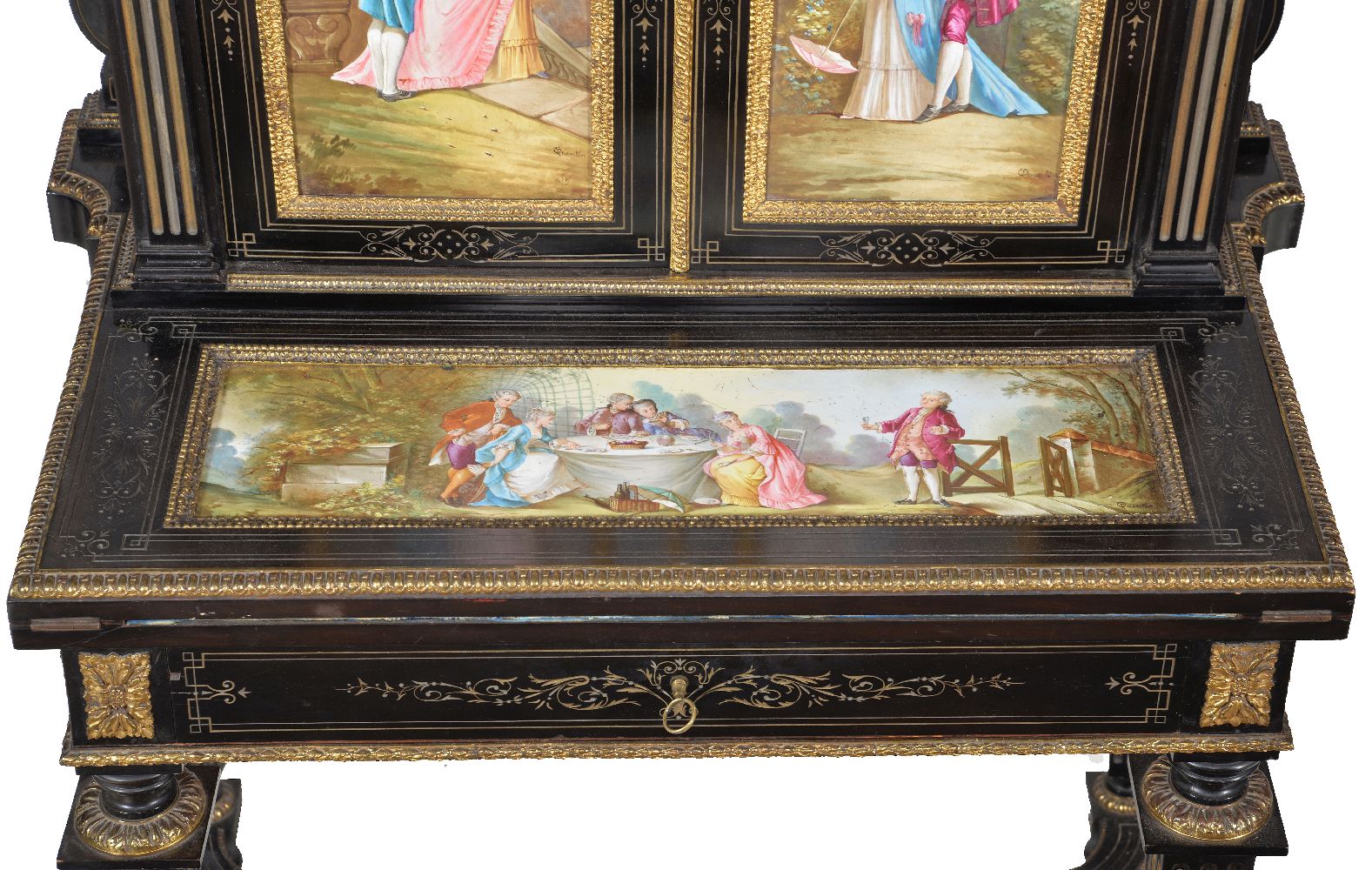 A French ebonised, gilt metal mounted and porcelain inset bonheur du jour - Image 3 of 6