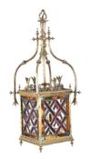 A Victorian brass and leaded glass inset hall lantern