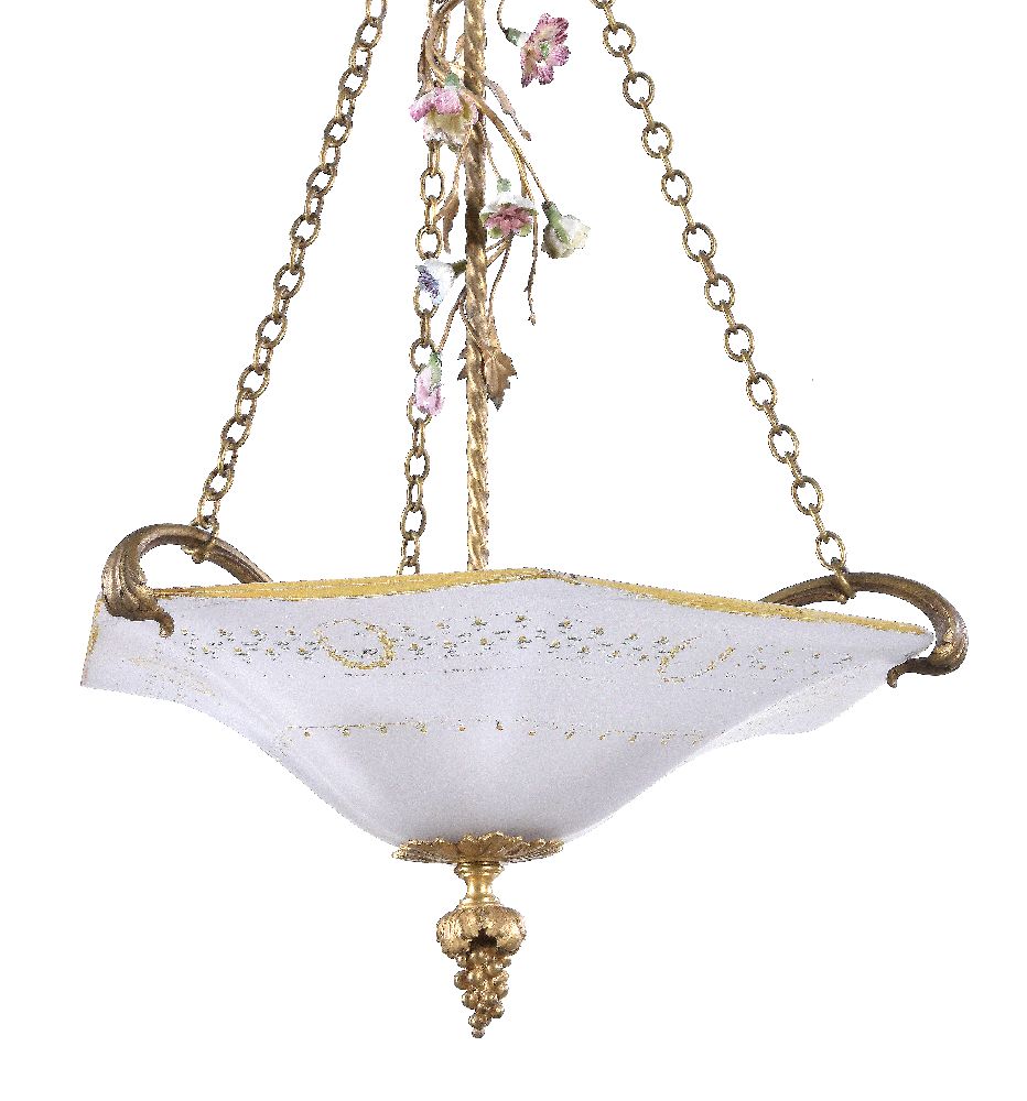 A porcelain mounted gilt metal and frosted glass three light electrolier - Image 2 of 2