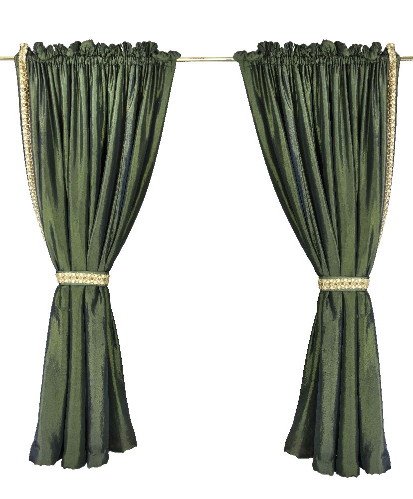 A pair of dark green satin and embroidery trimmed curtains