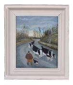 λ Margaret Loxton (British b. 1938)A farmer and dog driving cows on a road
