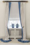 Two pairs of full length and two single curtains in cream damask with blue dot borders