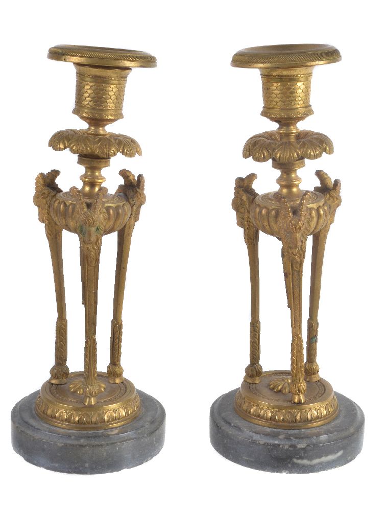 A pair of gilt metal and dove grey marble mounted candlesticks in Louis XVI style