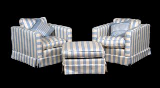 A pair of cream and blue stripped linen upholstered tub armchairs