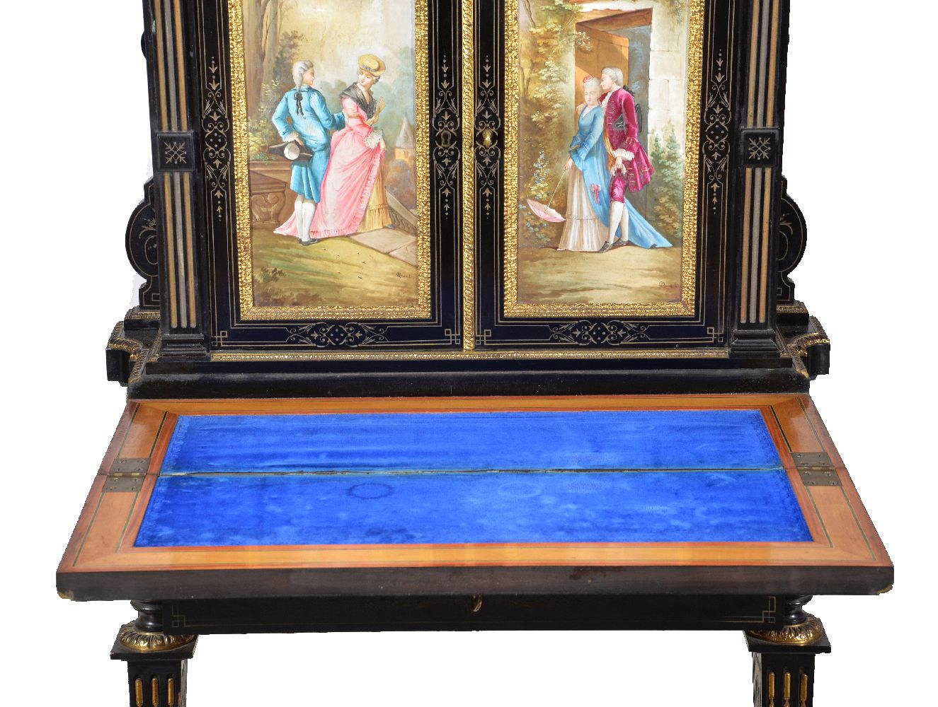 A French ebonised, gilt metal mounted and porcelain inset bonheur du jour - Image 4 of 6