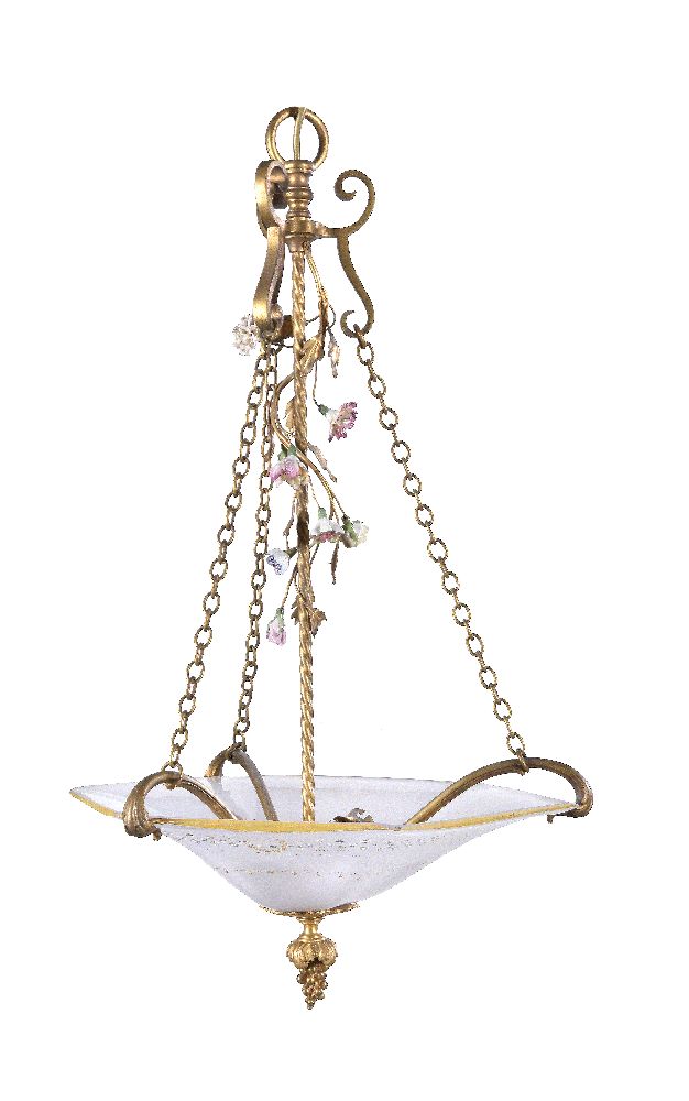 A porcelain mounted gilt metal and frosted glass three light electrolier