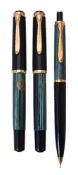 Pelikan, Souveran M400, a green and black fountain pen, roller ball pen and propelling pencil