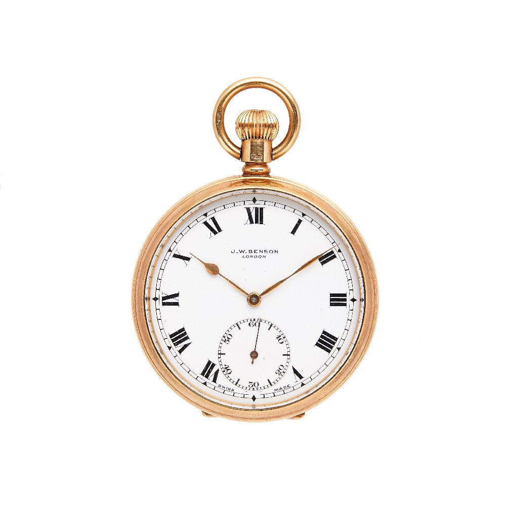 J. W. Benson, London, 9 carat open face keyless wind pocket watch