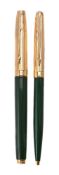 Parker, 75 Custom, a green laque fountain pen and ball point pen