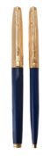 Parker, 75 Custom, a blue laque fountain pen and ball point pen