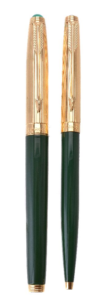 Parker, 75 Custom, a green laque fountain pen and ball point pen