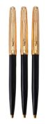 Parker, 75 Custom, three black and gold plated ball point pens