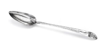 A George III Irish silver pointed old English star bright-cut pattern straining spoon by John Kearns