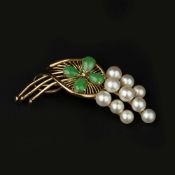 A 1970s jadeite, cultured pearl and diamond abstract brooch by Chow