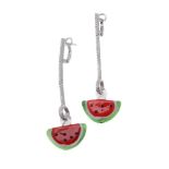 A pair of diamond and glass watermelon earrings