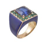 A synthetic sapphire and emerald dress ring