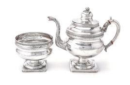 An American silver tea or coffee pot and sugar basin by William Mannerback