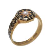 A Victorian 18 carat gold enamel and pearl memorial ring