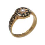 A Victorian 18 carat gold enamel and pearl memorial ring