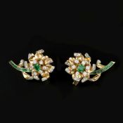 A pair of 1950s emerald and diamond flower head ear clips