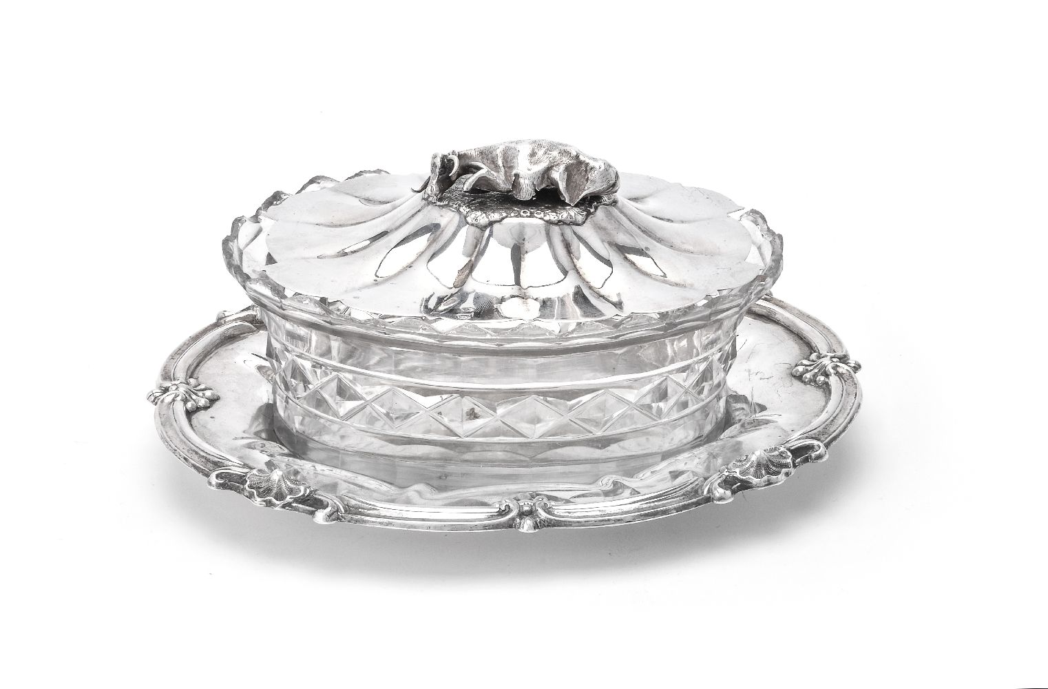 A William IV silver shaped oval butter dish by Charles Ratherham