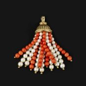 ϒ A coral and cultured pearl tassel pendant retailed by Asprey & Co Ltd