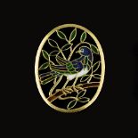 A plique a jour oval bird brooch