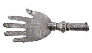 An Indian silver parcel gilt Hand of Fatima staff finial, 19th century, an alam ...
