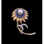 A cultured pearl, sapphire and diamond flower brooch